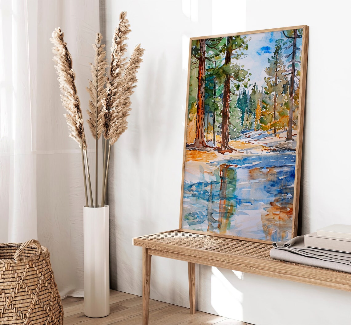 Lake Tahoe Pine Trees Shoreline Watercolor Forest Lake Poster - Image 2