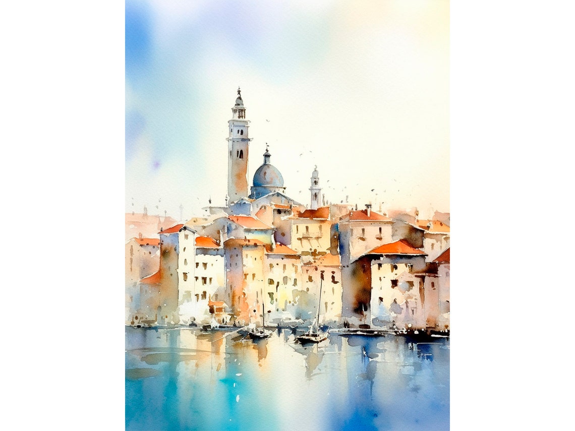 Venice Waterfront Cityscape Bell Tower Lagoon Watercolor Poster