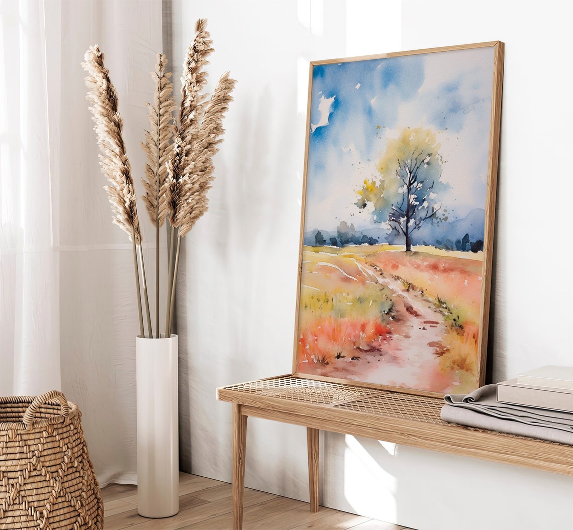 Oak Tree Watercolor Lone Tree Golden Prairie Autumn Field Poster - Image 2