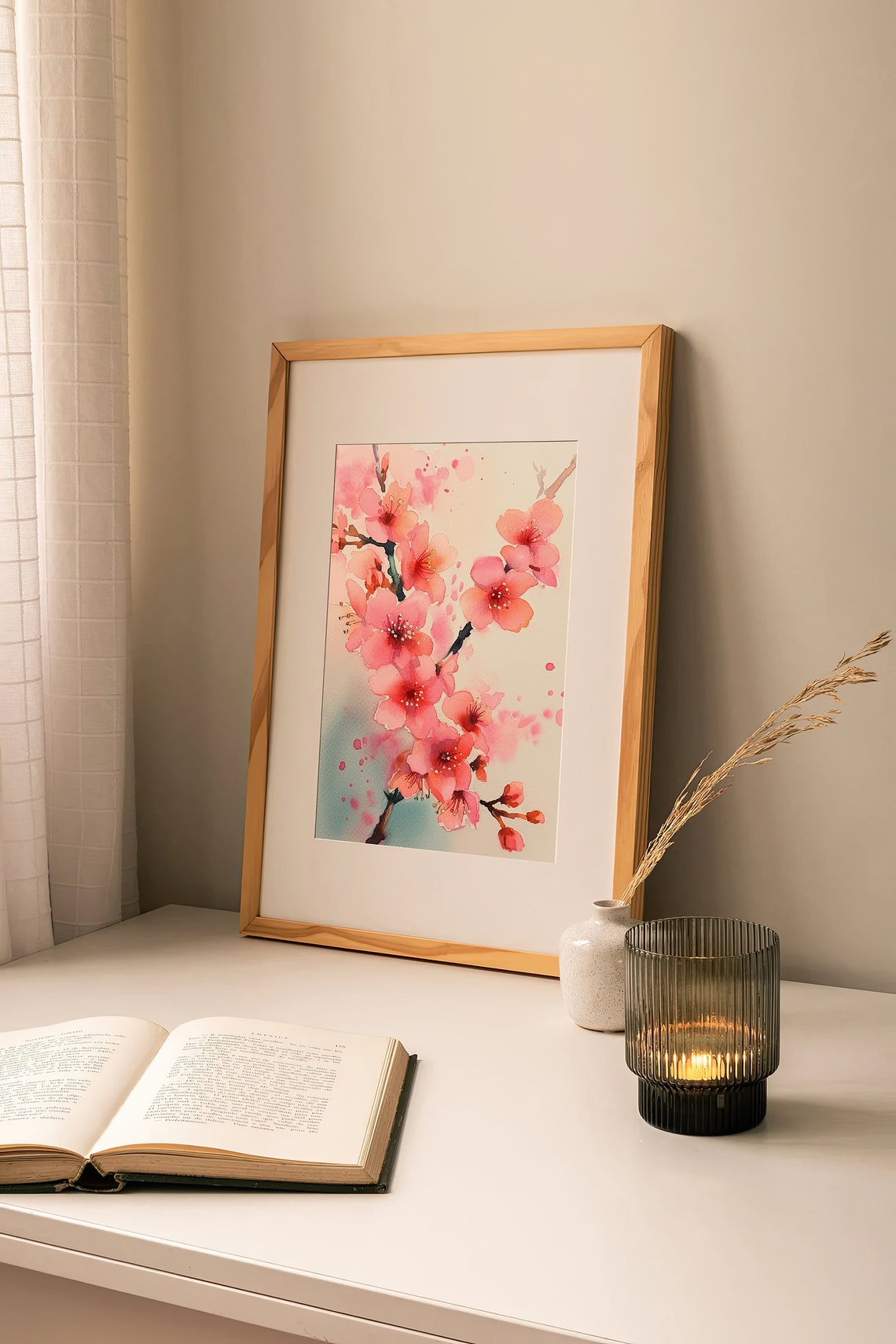 Cherry Blossom Branch Pink Sakura Watercolor Botanical Wall Art - Image 2