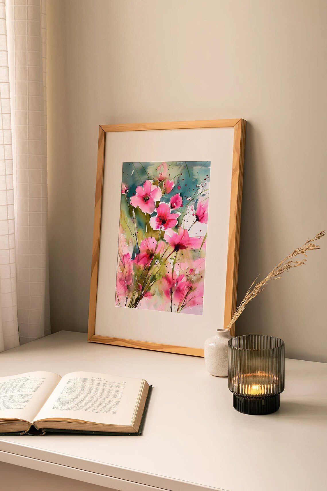 Pink Daisy Flowers Watercolor Abstract Wildflowers Modern Art Print - Image 2