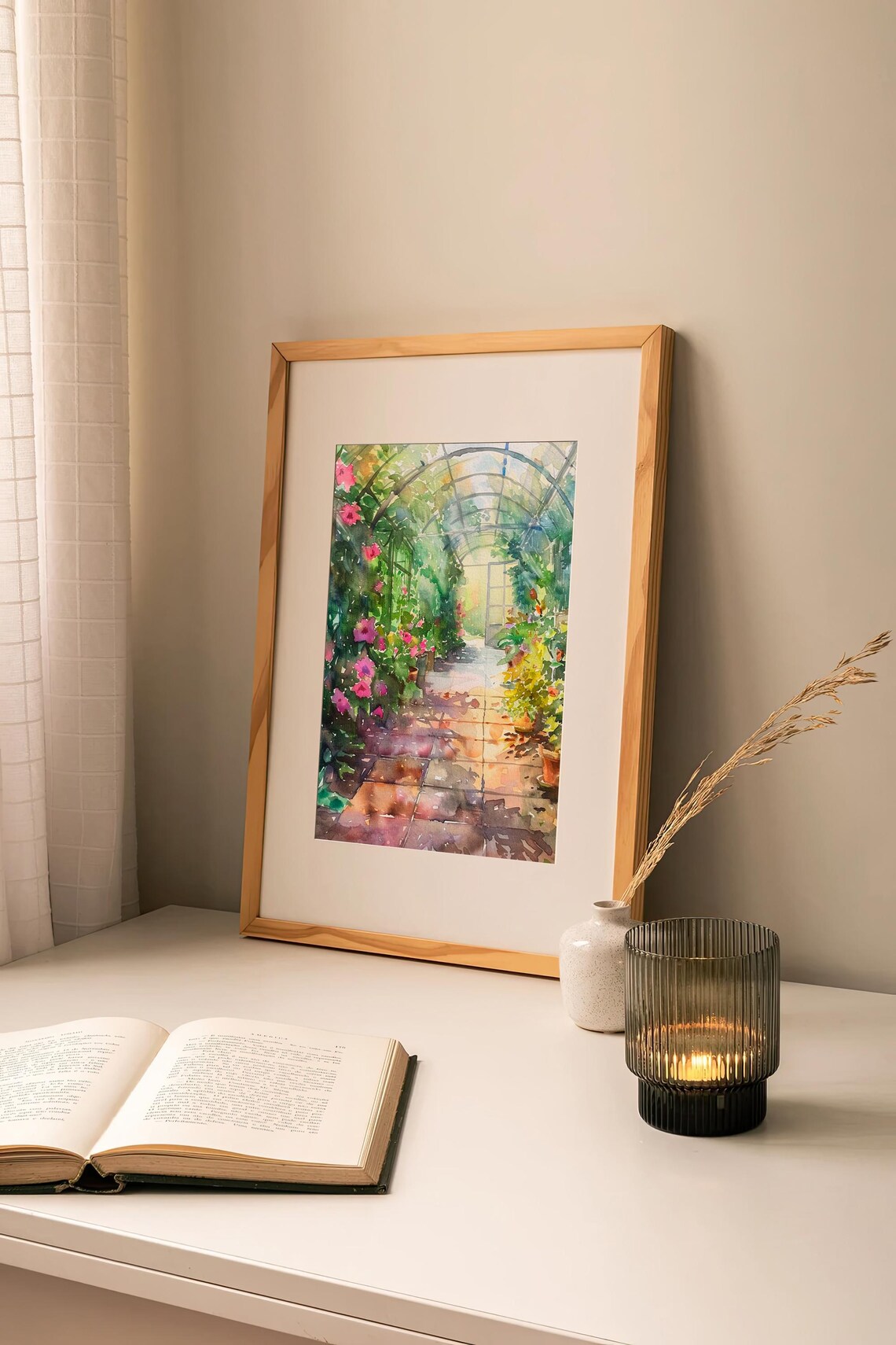 Greenhouse Watercolor Sunlit Conservatory Pink Flowers Garden Poster - Image 2