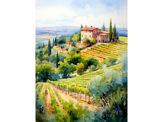 California Napa Valley Winery Watercolor Art Print Vineyard Travel Poster Winery Landscape Painting