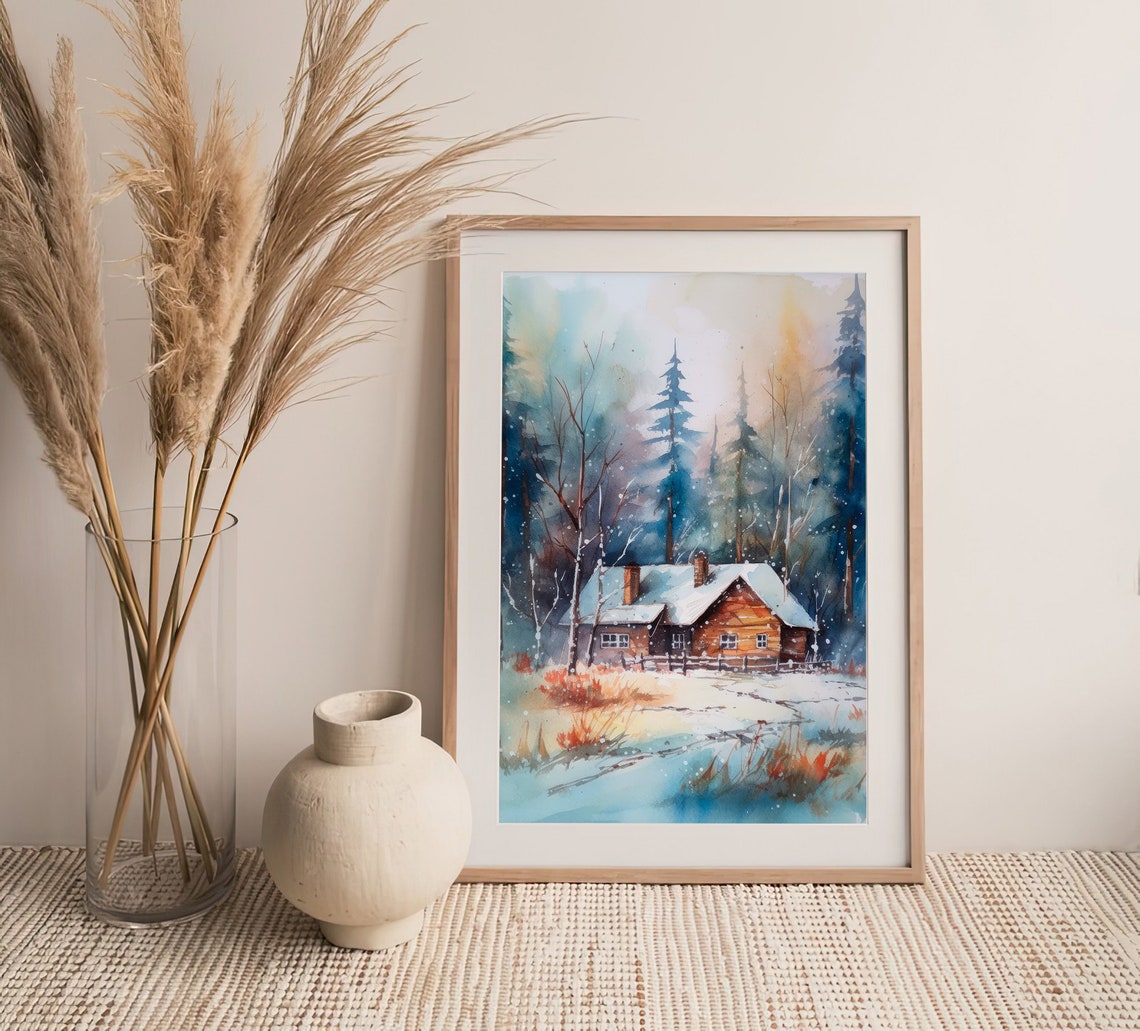 Snowy Winter Cabin Watercolor Forest Log House Landscape Poster - Image 5