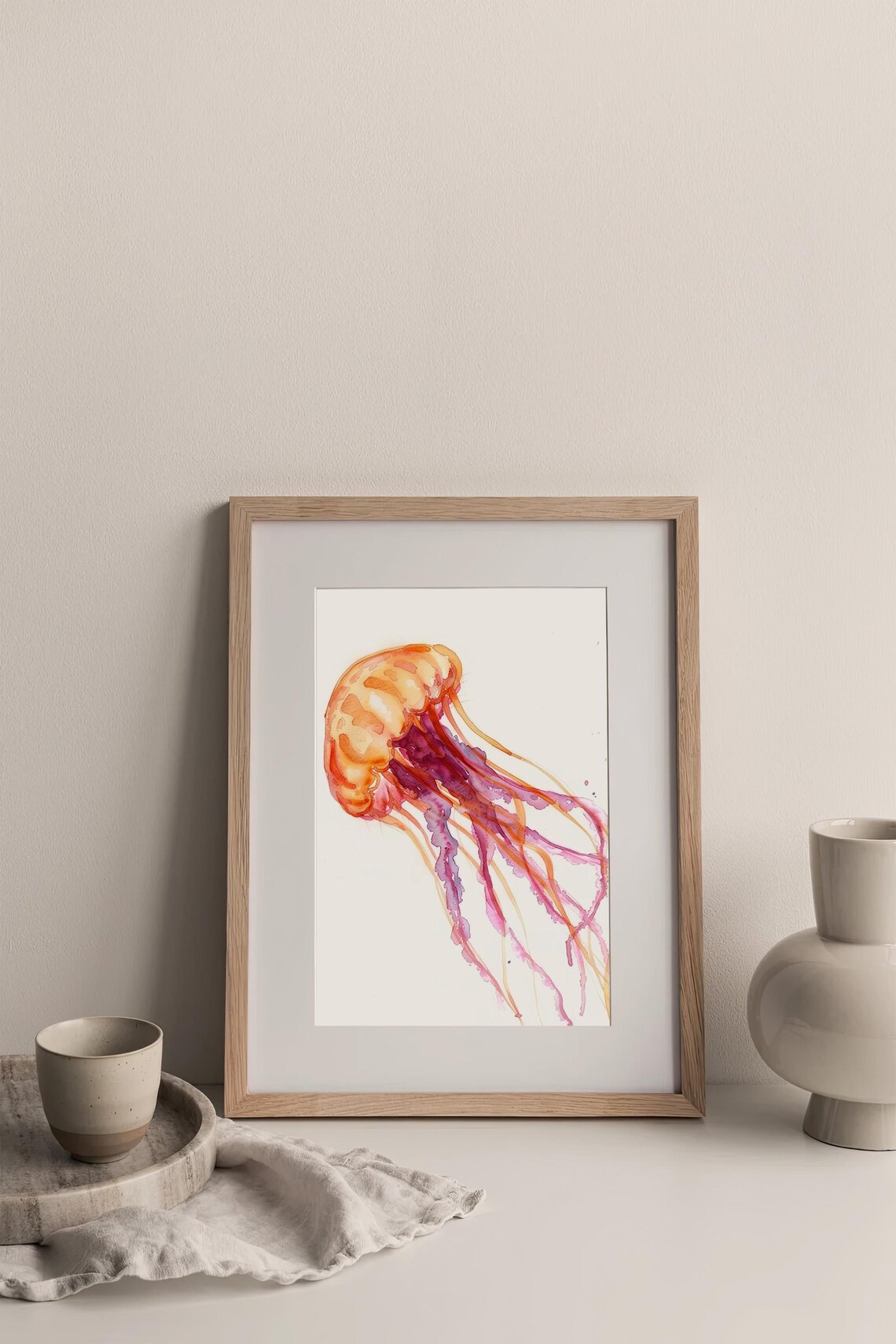 Orange Jellyfish Flowing Tentacles Watercolor Marine Art Poster - Image 3