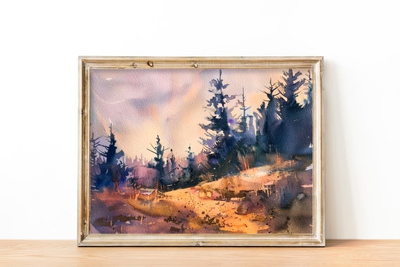 Mount Hood Watercolor Painting Oregon Forest Painting Pine Trees Wall Art Decor By Feelingprints