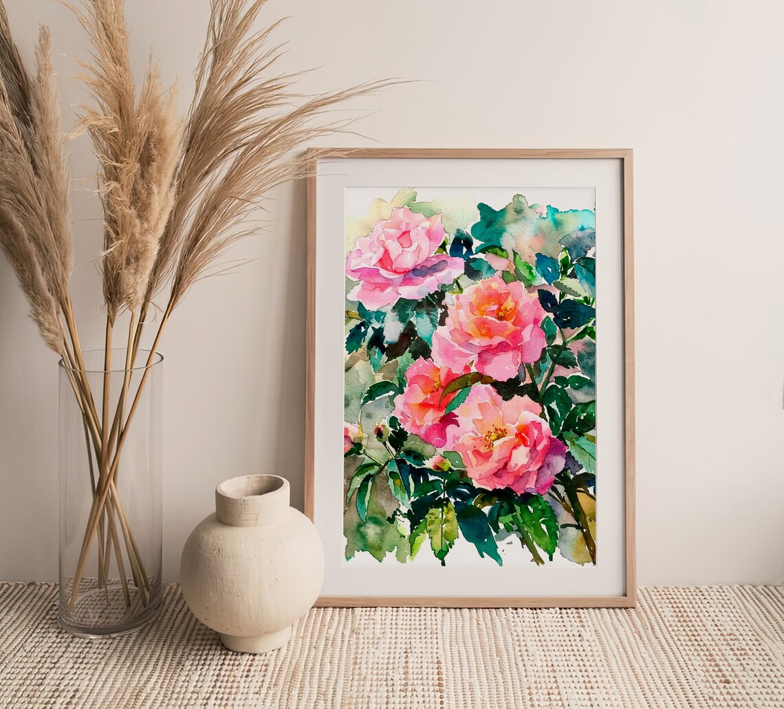 Pink Roses Watercolor Spring Floral Bouquet Garden Art Print - Image 3