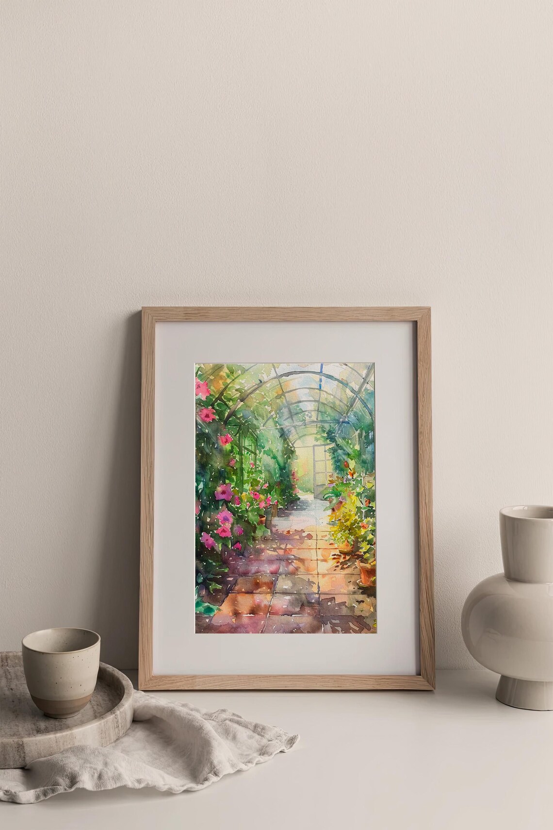 Greenhouse Watercolor Sunlit Conservatory Pink Flowers Garden Poster - Image 3