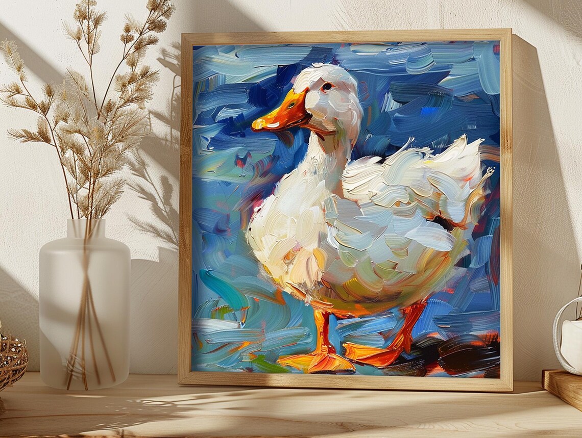 White Duck Oil Painting Impasto Bird Bright Blue Nature Art Poster - Image 5