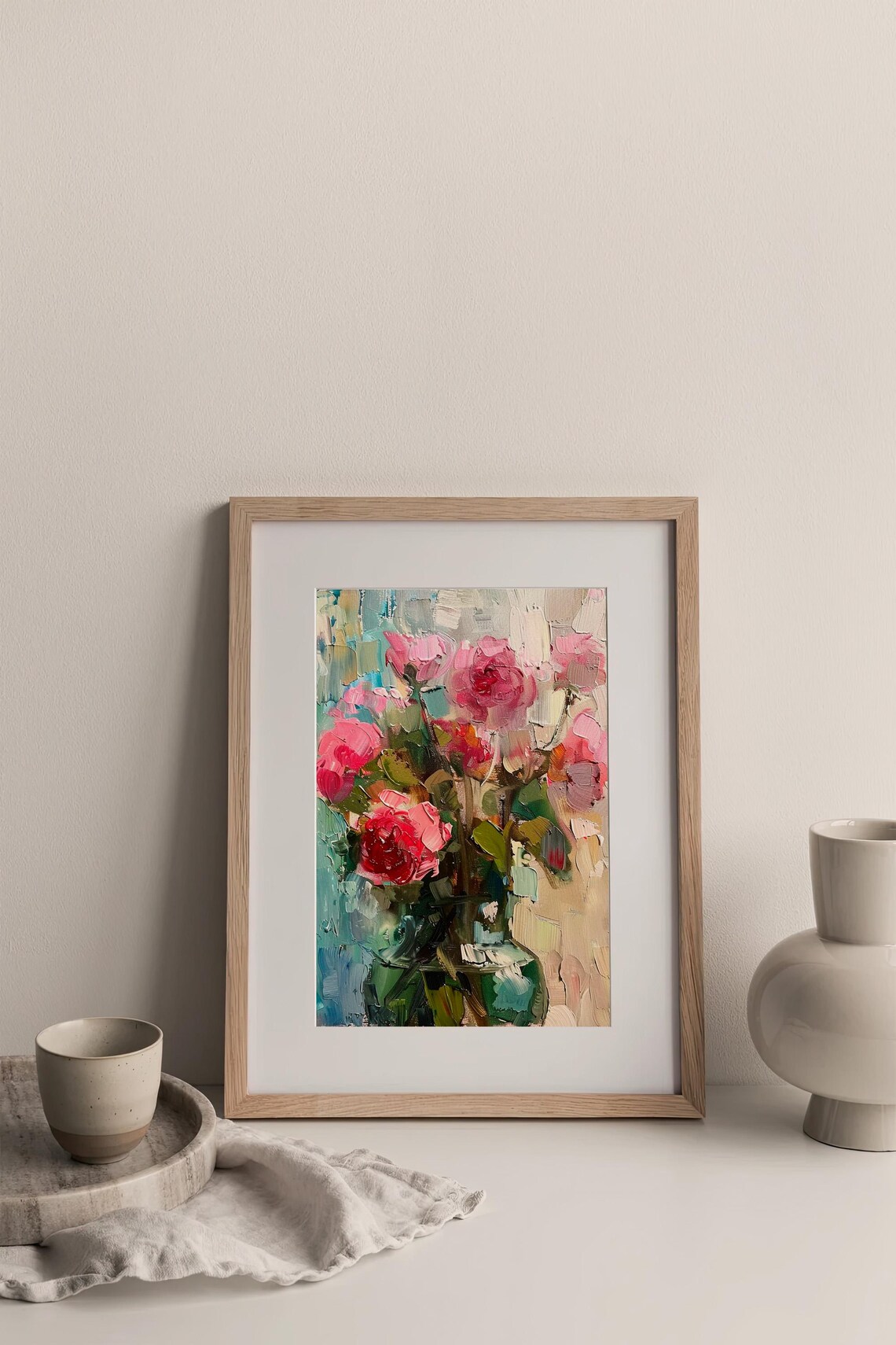 Peonies Oil Painting Pink Bouquet Glass Vase Impasto Floral Poster - Image 3