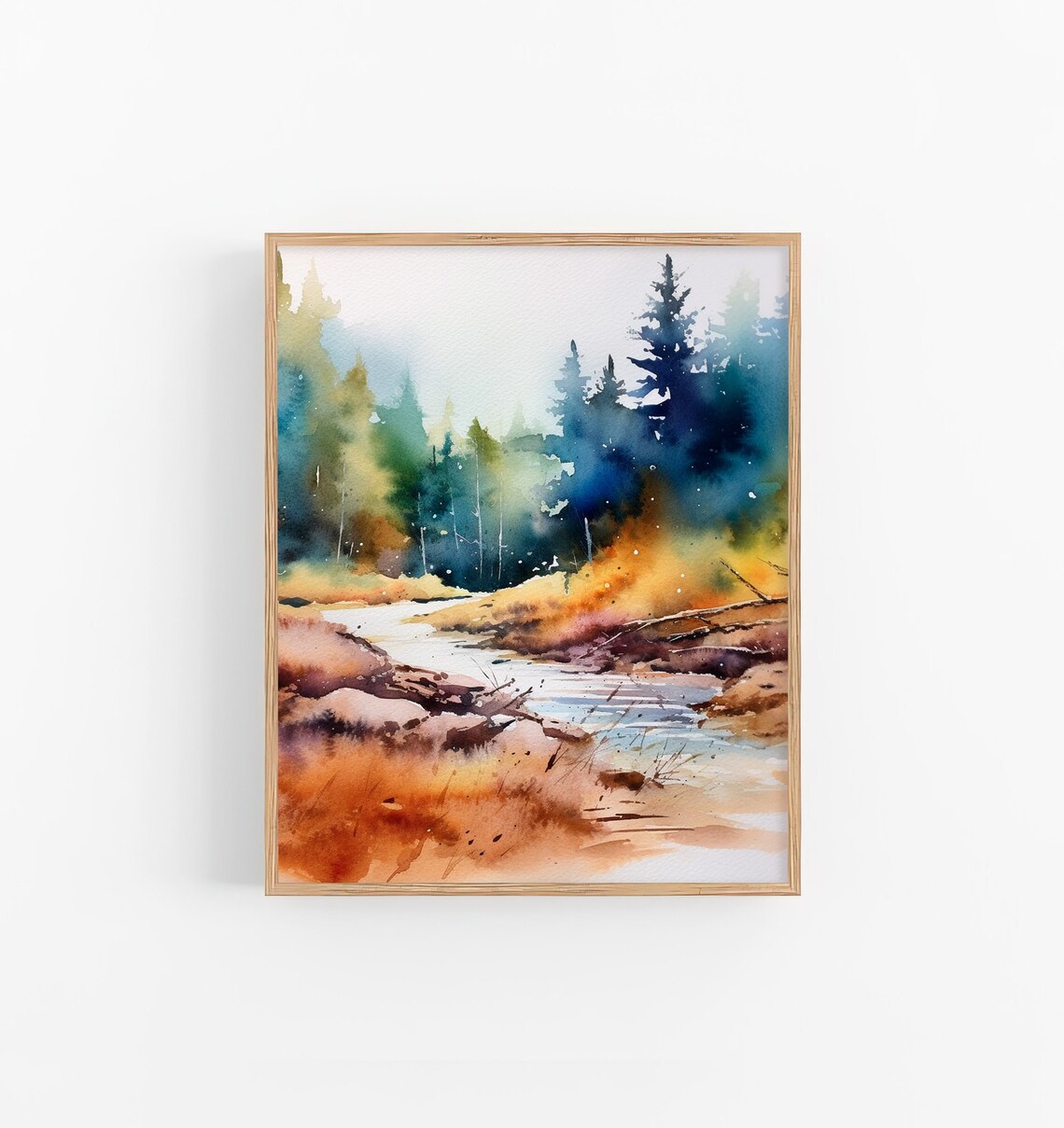 Colorado Forest Stream Misty Pine Trees Watercolor Landscape Poster