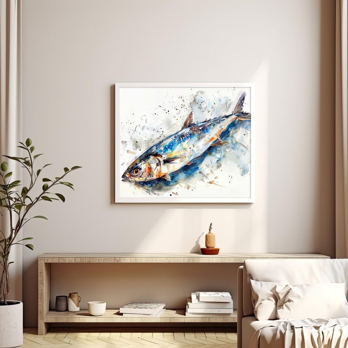 Sardine Fish Splashes Watercolor Coastal Kitchen Artwork Poster - Image 2