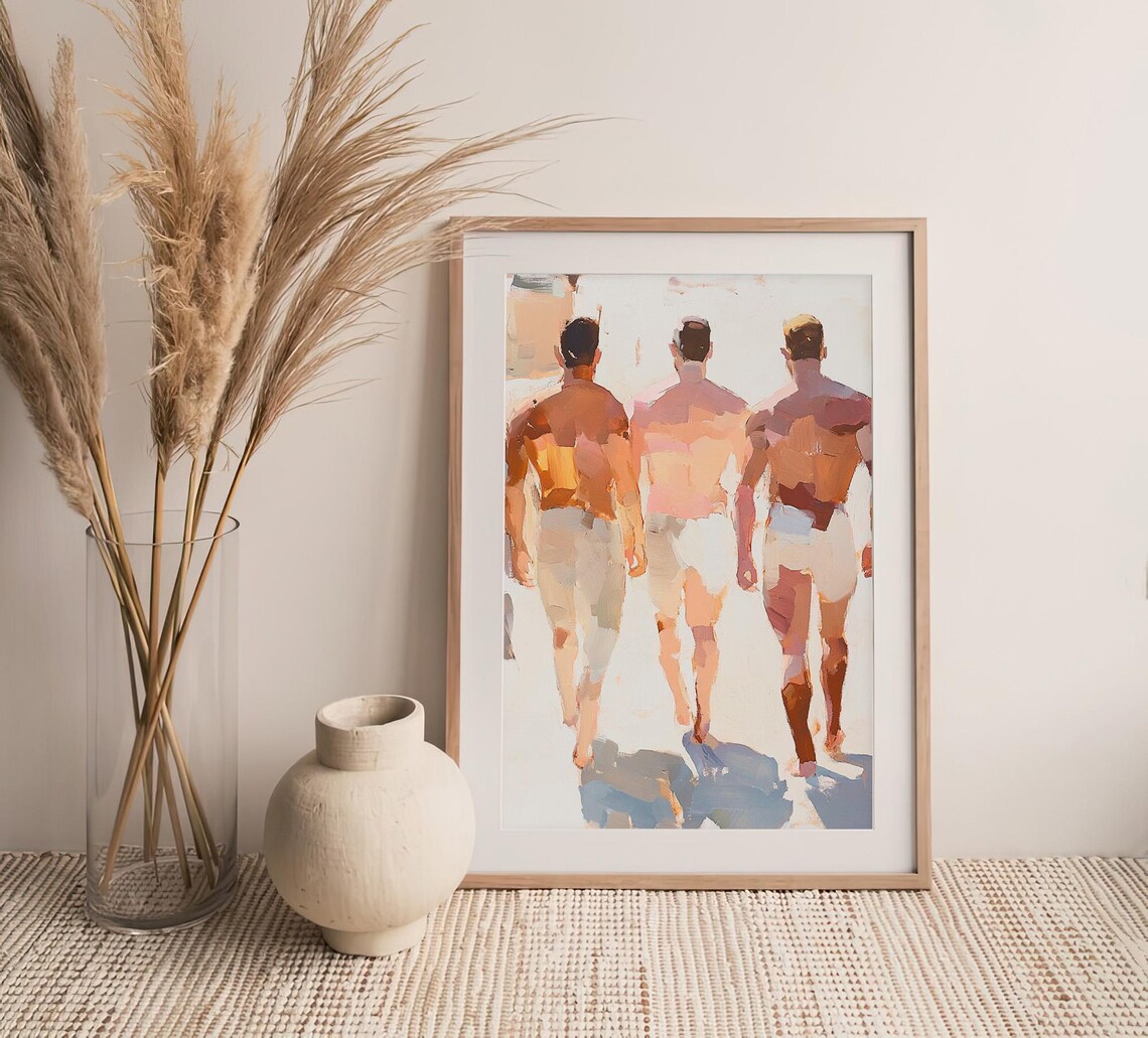 Three Men Beach Walking Watercolor Male Friendship Summer Art Print - Image 4