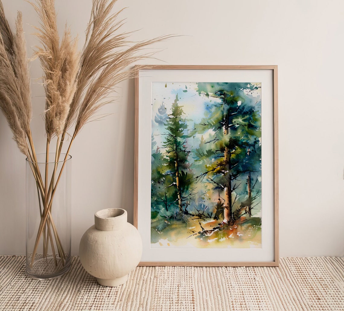 Towering Green Pine Trees Expressive Forest Watercolor Poster - Image 4