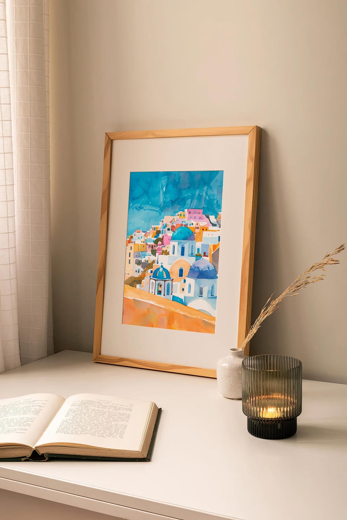 Santorini Watercolor Blue Domed Churches Whitewashed Village Poster - Image 2