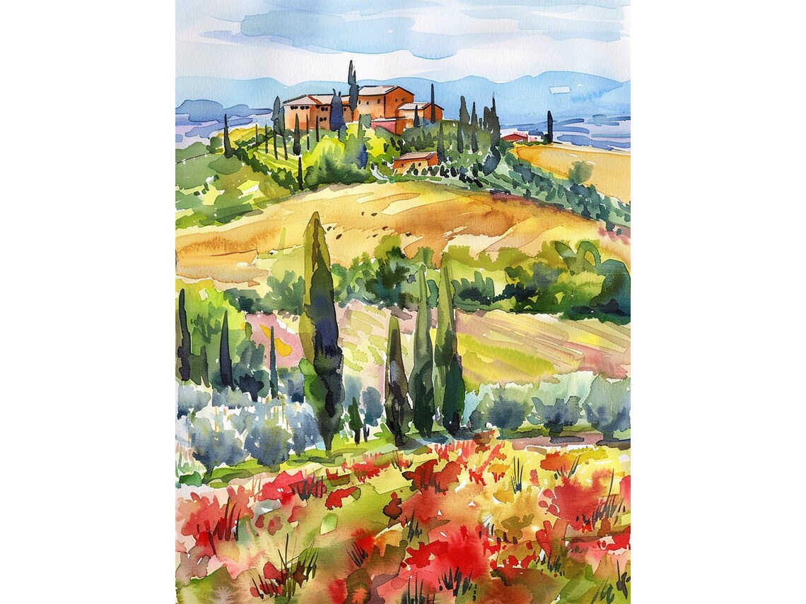 Tuscany Hilltop Villa Red Poppy Field Watercolor Italian Poster