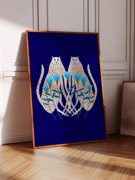 Snow Cheetahs Floral Animal Art Print