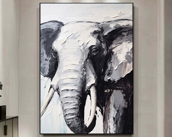 Black And White Elephant Portrait Impasto Animal Oil Painting Poster