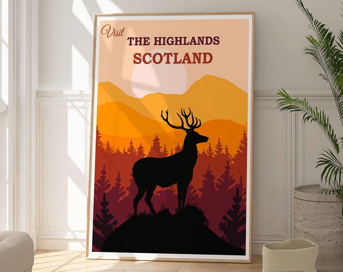 Visit The Highlands Scotland Stag Sunset Mountain Landscape Poster