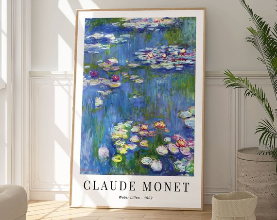 Claude Monet Water Lilies 1902 Deep Blue Pond Pink Gold Blooms Poster