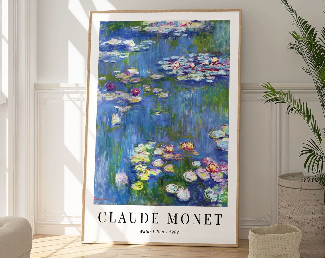 Claude Monet Water Lilies 1902 Deep Blue Pond Pink Gold Blooms Poster