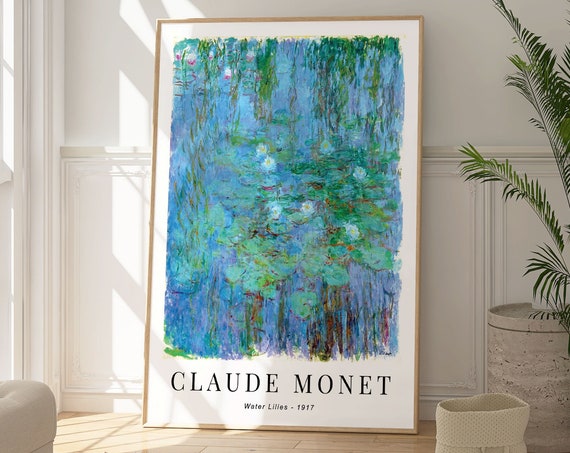 Claude Monet Famous Water Lilies Print Blue And Green Nature Art Poster Botanical Floral Artwork Nature Inspired Popular Impressionism