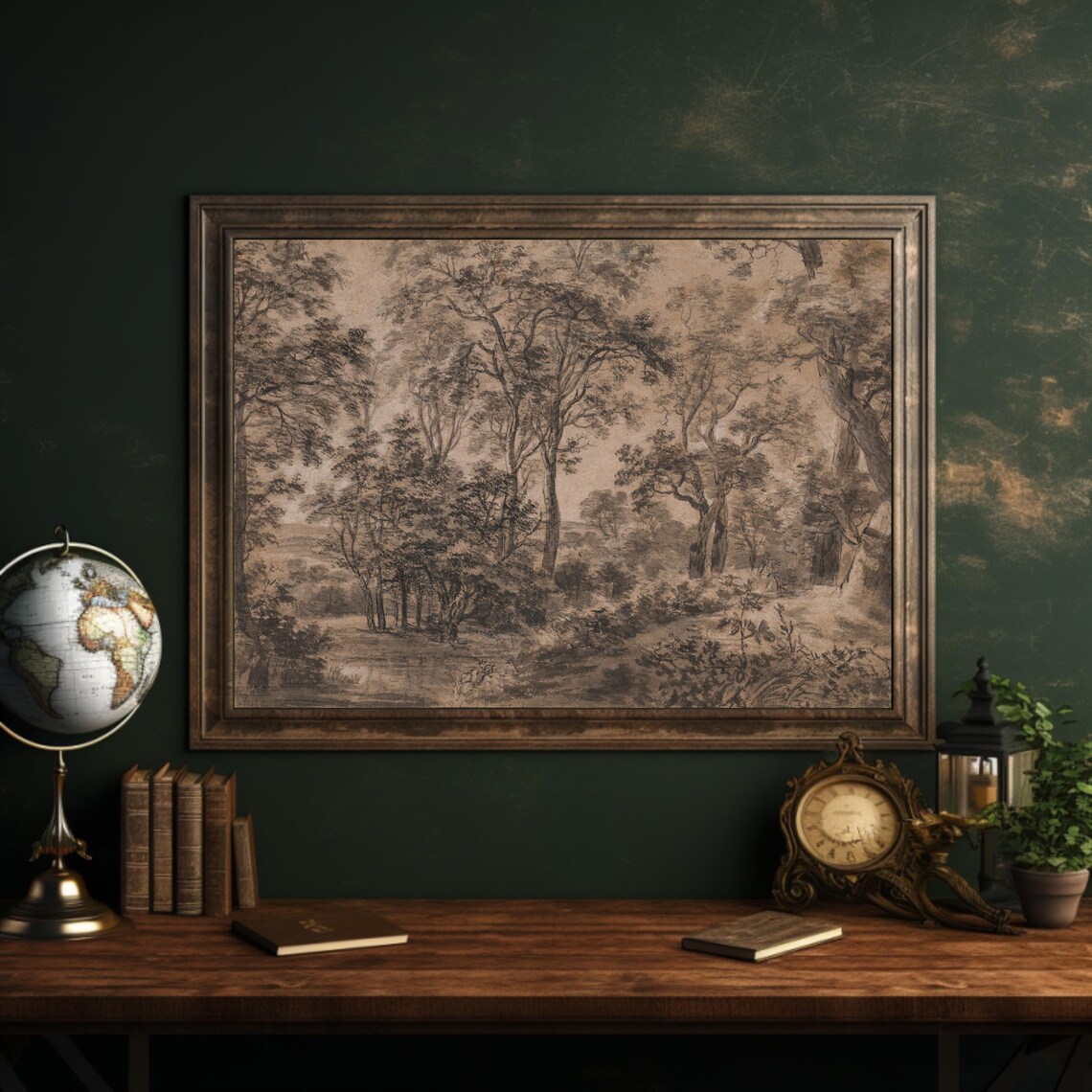 Antique Sepia Forest Trees Ink Sketch Woodland Landscape Art Poster - Image 5