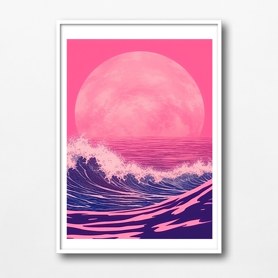 Pink Sunset Ocean Giant Sun Purple Waves Retro Digital Art Poster - Image 4