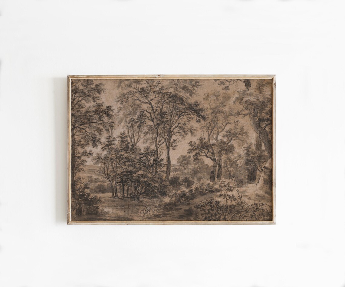 Antique Sepia Forest Trees Ink Sketch Woodland Landscape Art Poster - Image 4