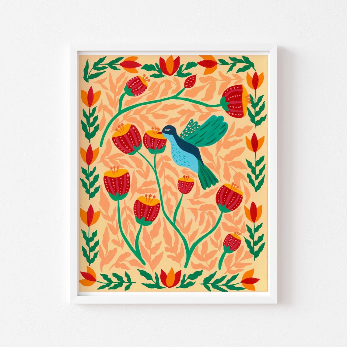 Hummingbird Folk Art Bird Illustration, Indian Art Print
