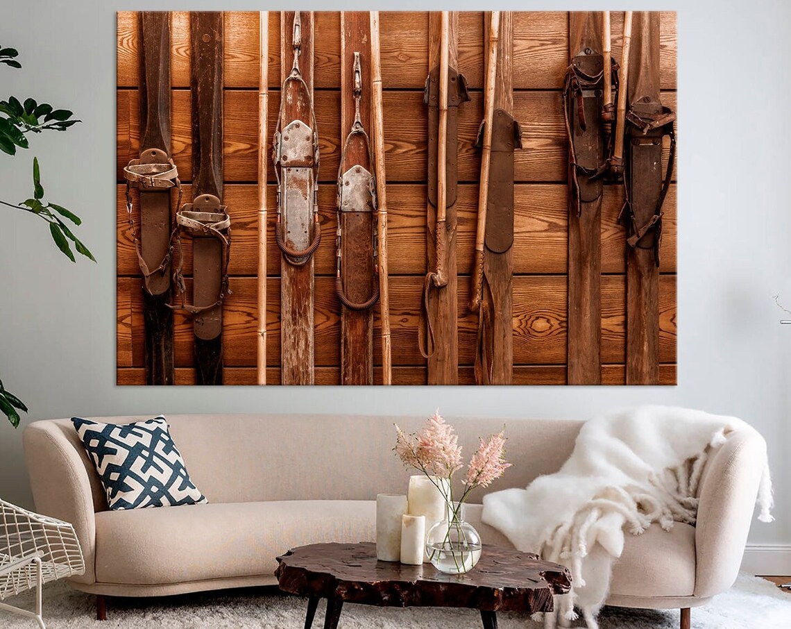Wooden Skis Print Snow Sports Art Ski Lodge Decor Contemporary Art Skiing Print Extra Large Wall Art Living Room Decor