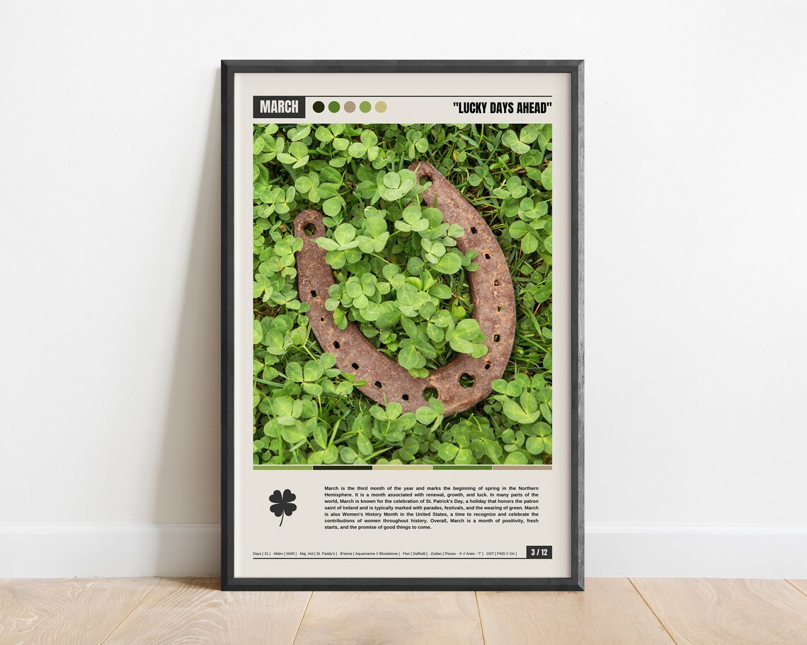 March Lucky Days Ahead Horseshoe Resting in Green Clover Field Poster - Image 6