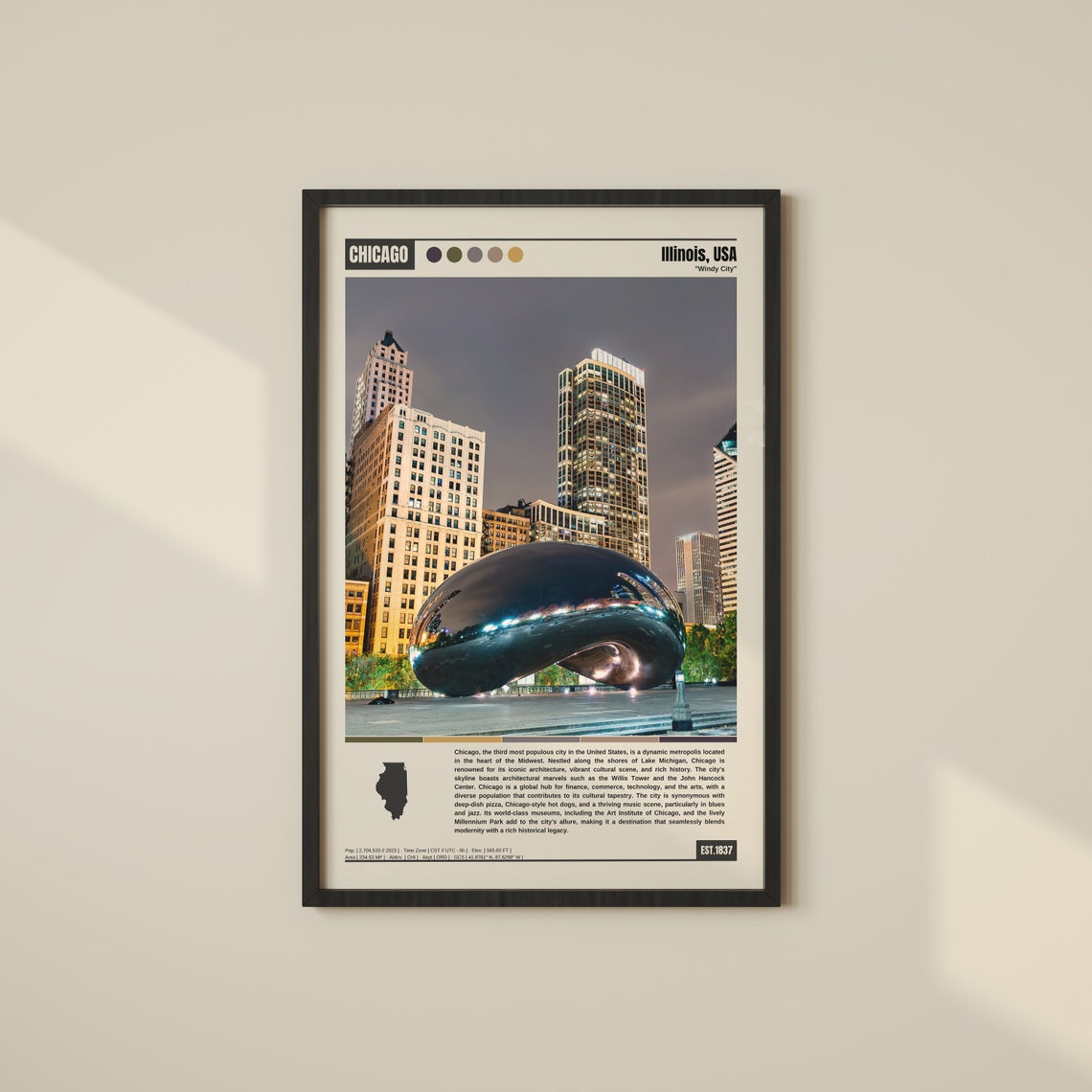 Chicago Illinois Windy City Cloud Gate Bean Dusk Skyline Poster
