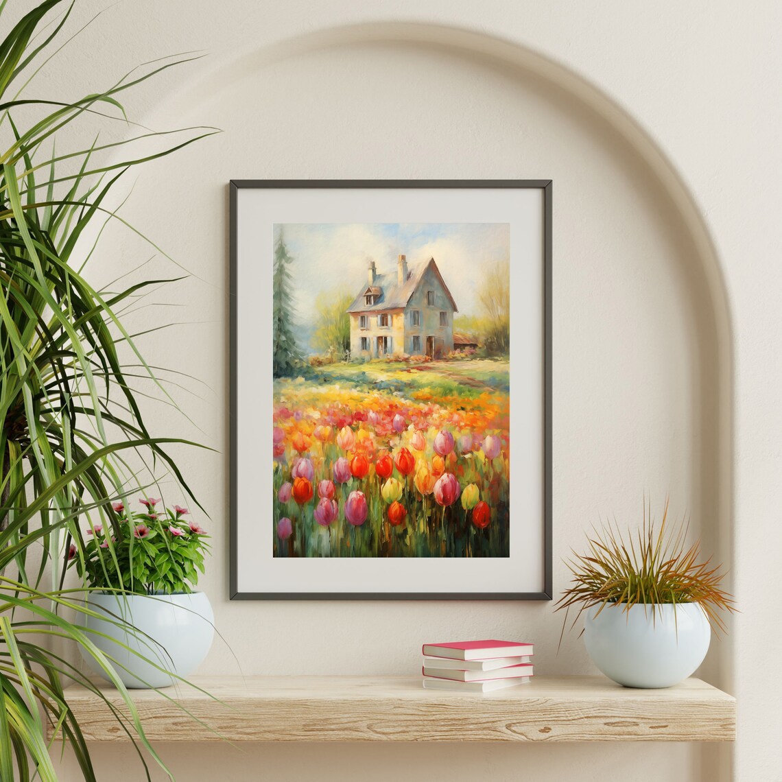 Country Cottage Behind Vibrant Tulip Field Painting Vintage Wall Art - Image 2
