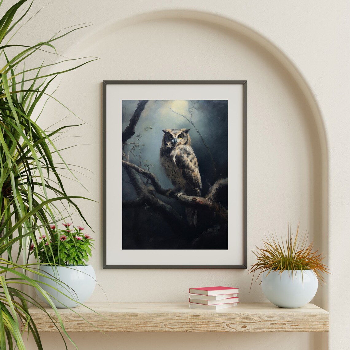 Dark Owl Painting, Dark Academia Moon Landscape Print - Image 2