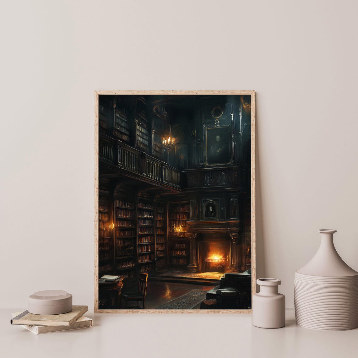 Dark Academia Grand Library Fireplace Candlelit Moody Interior Poster - Image 3