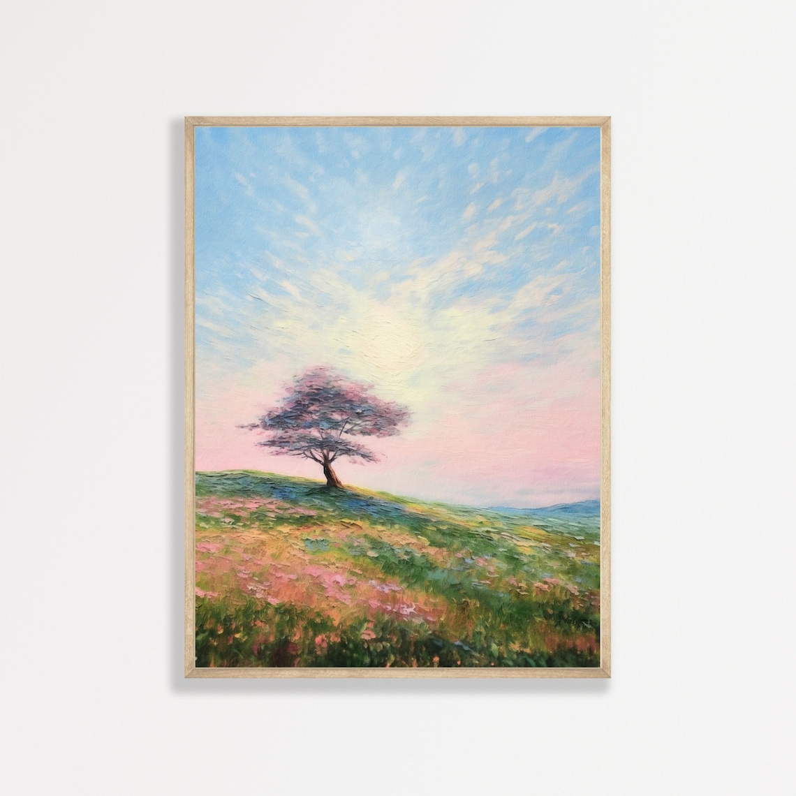 Lone Tree Retro Landscape Art Print, Pink Pastel