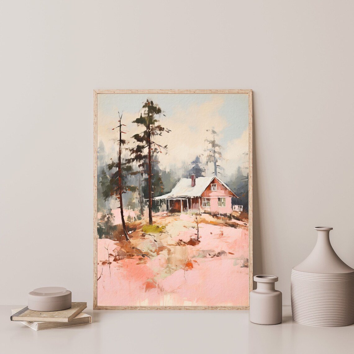 Pink Tint Woodland Cabin Among Pines Moody Forest Painting Poster - Image 3