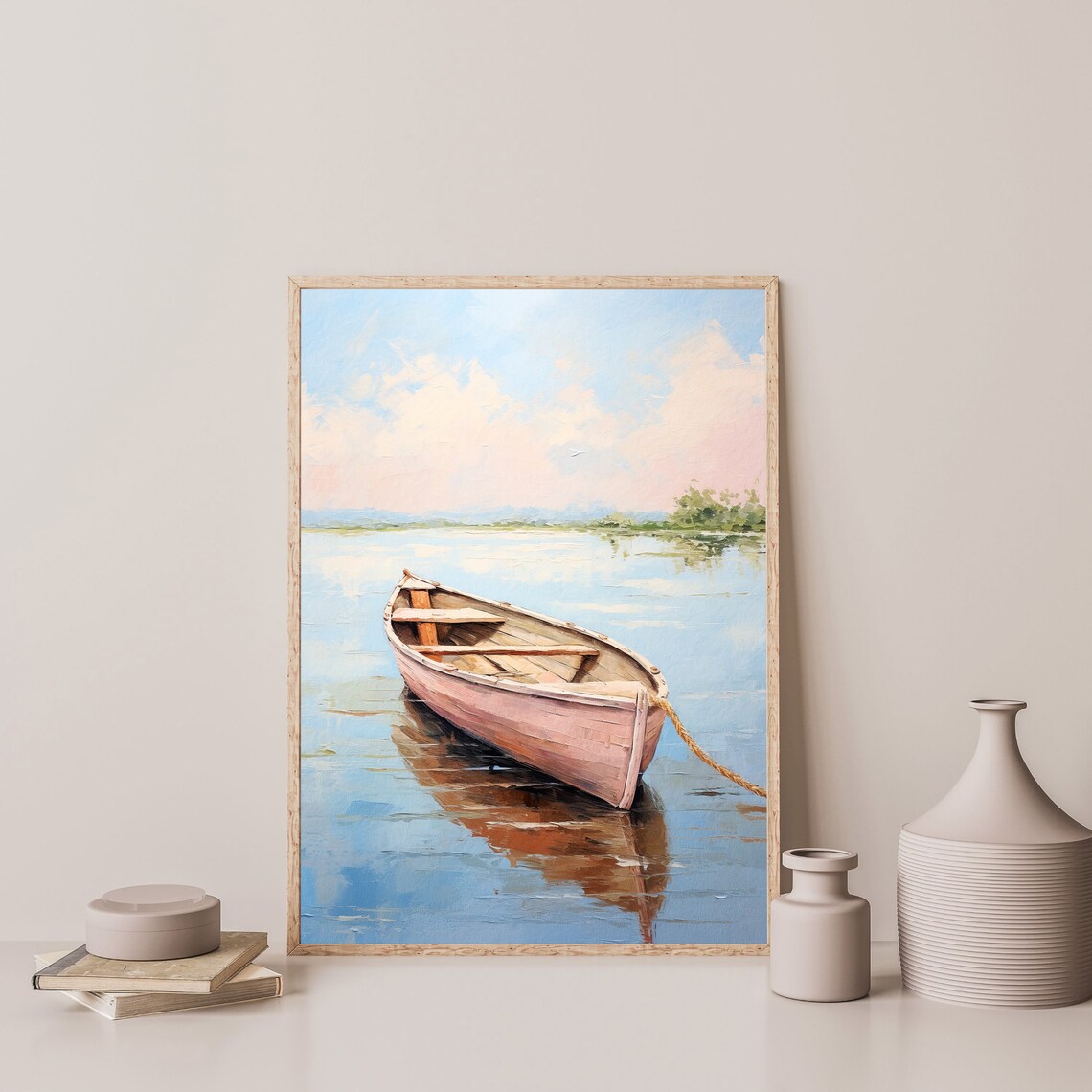 Pink Wooden Rowboat Floating on Calm Blue Water Coastal Art Poster - Image 3