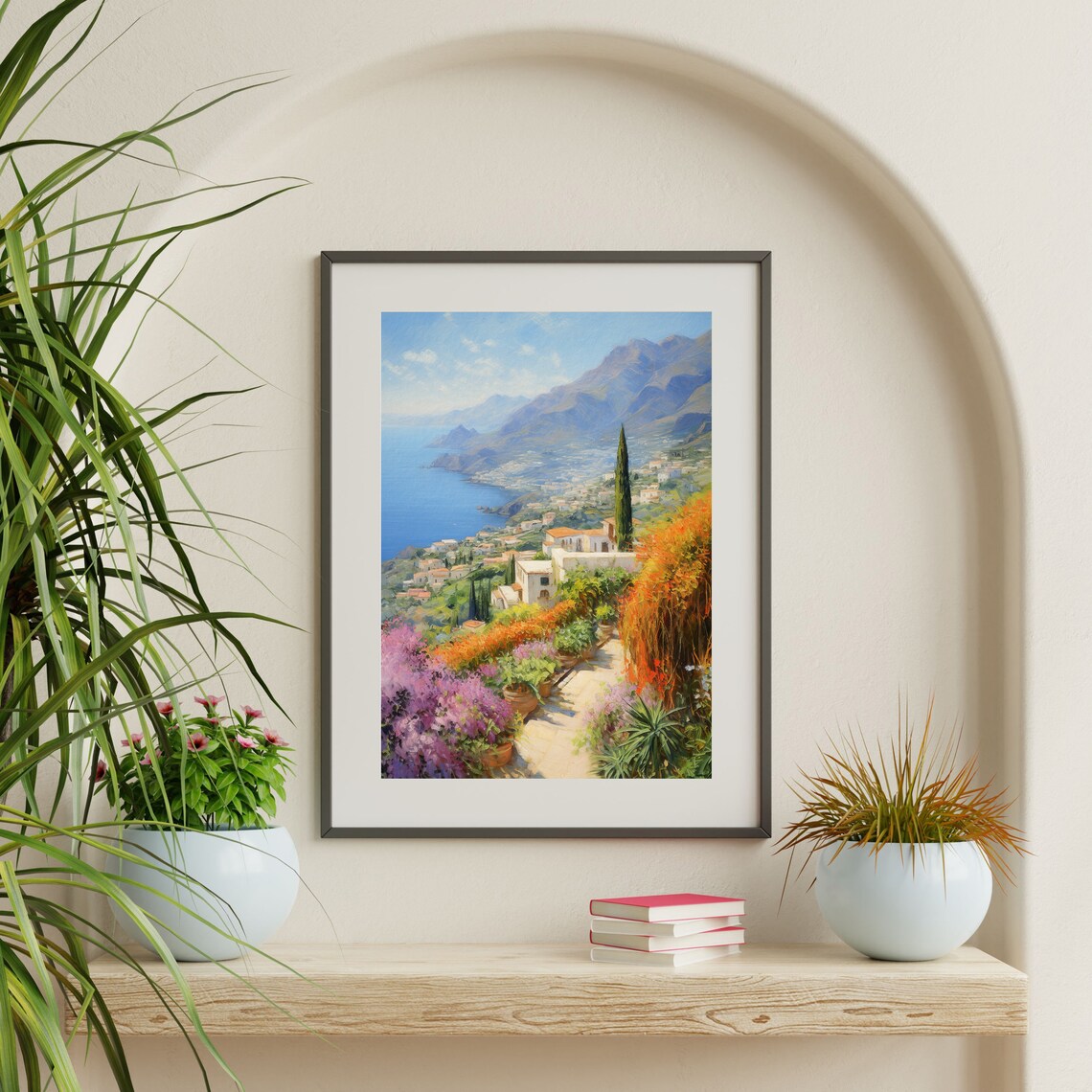 Italian Coast Hillside Village Cypress Bougainvillea Sea View Poster - Image 2