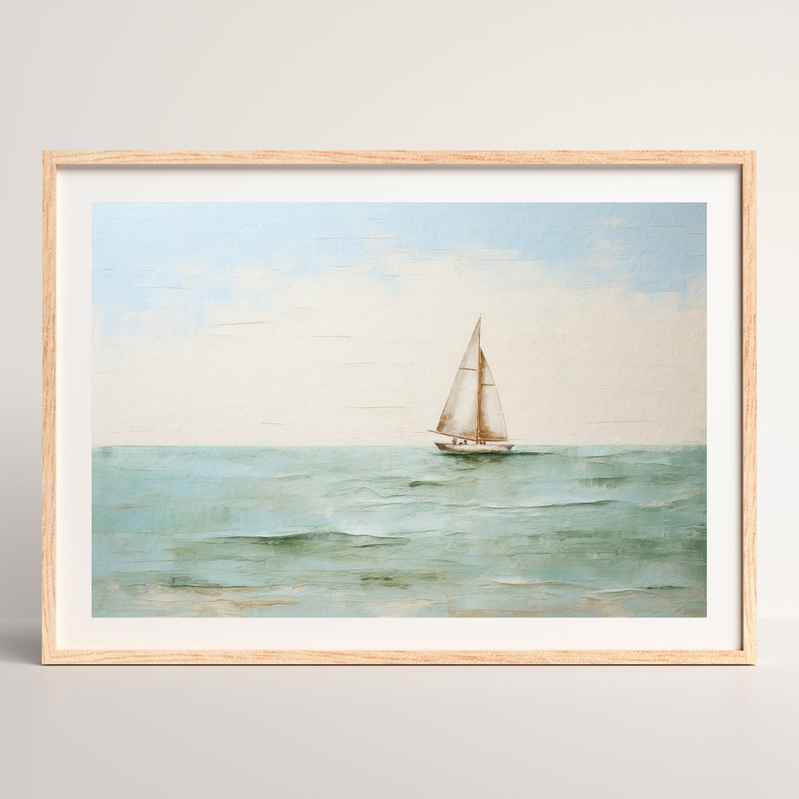 Lone Sailboat on a Calm Teal Sea Minimalist Nautical Wall Art Print - Image 2