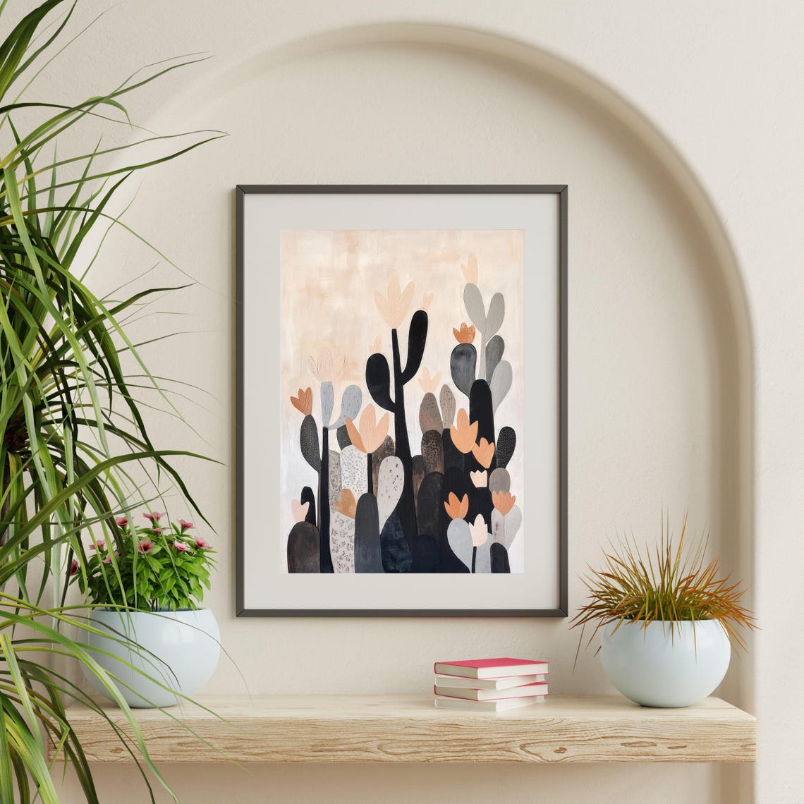 Stylized Cactus Garden Desert Blooms Black Blush Modern Art Poster - Image 2
