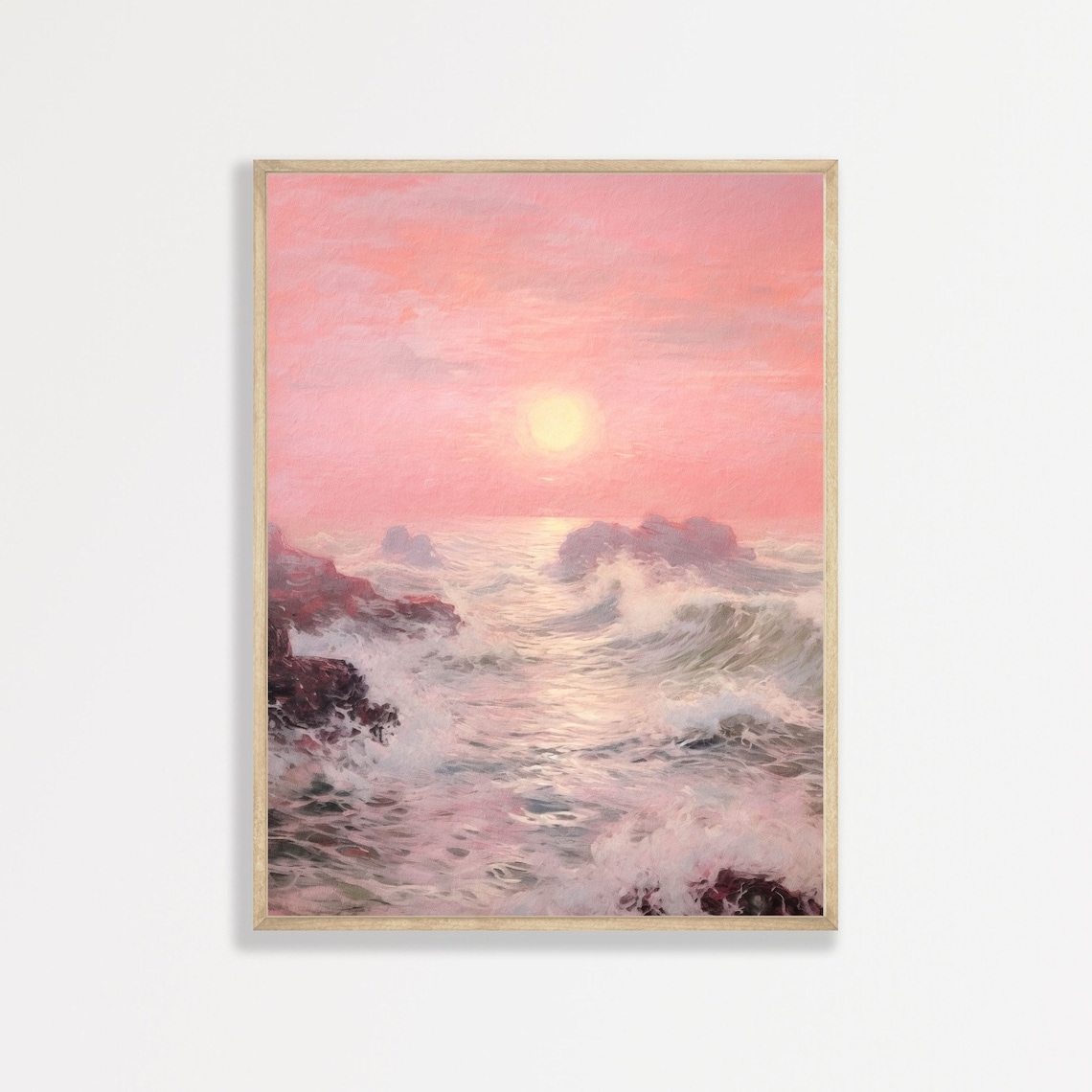 Retro Coastal Seascape Art Print, Pink Aesthetic