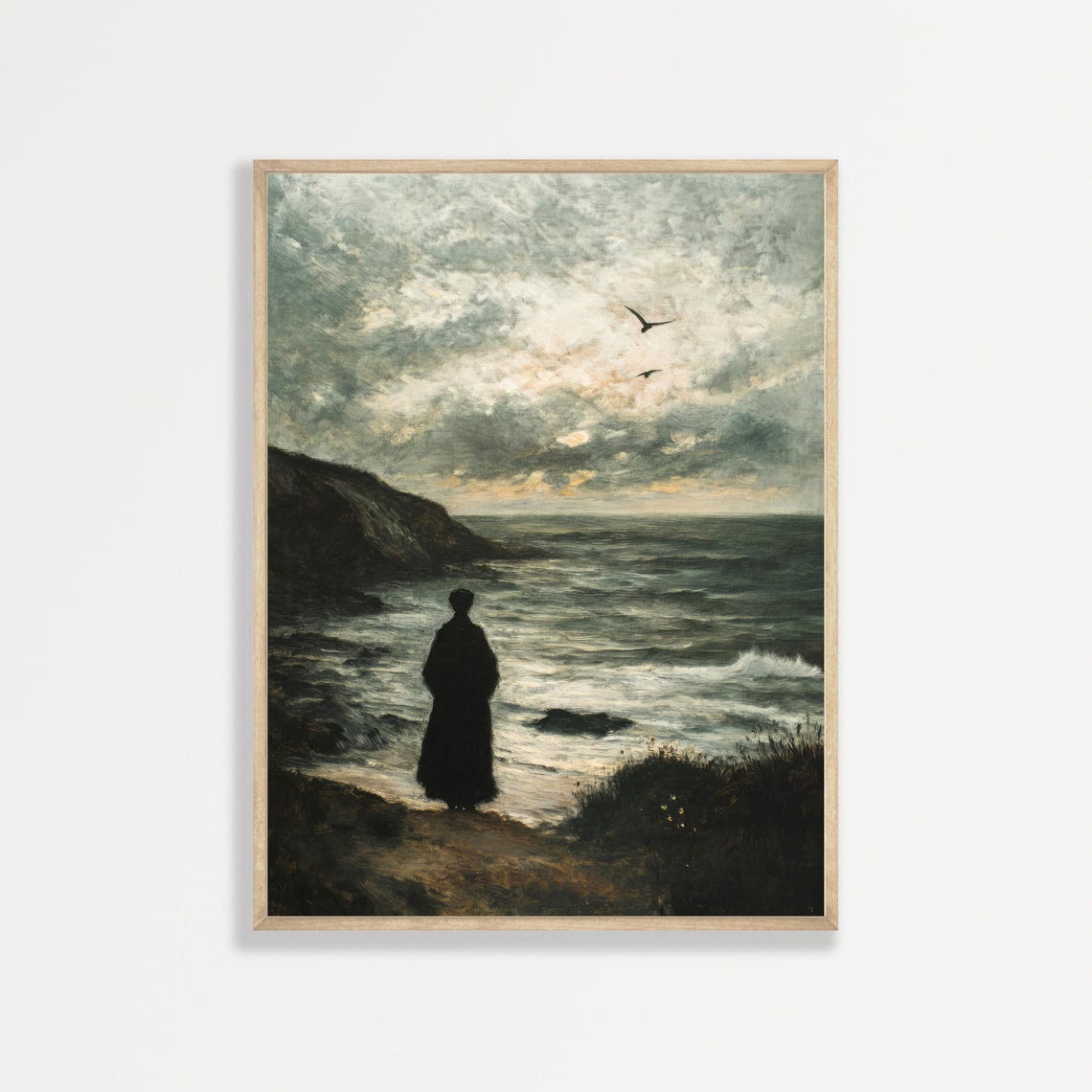 Moody Coastal Landscape Painting Vintage Spooky Ocean Wall Art Dark Rustic Antique Home Decor 1038