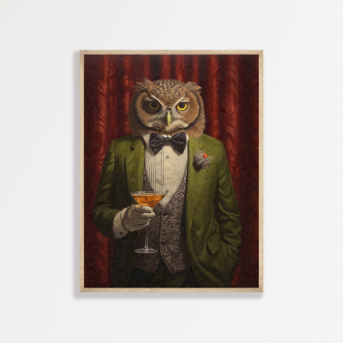 Owl in a Green Tuxedo Holding a Cocktail Whimsical Bar Decor Poster