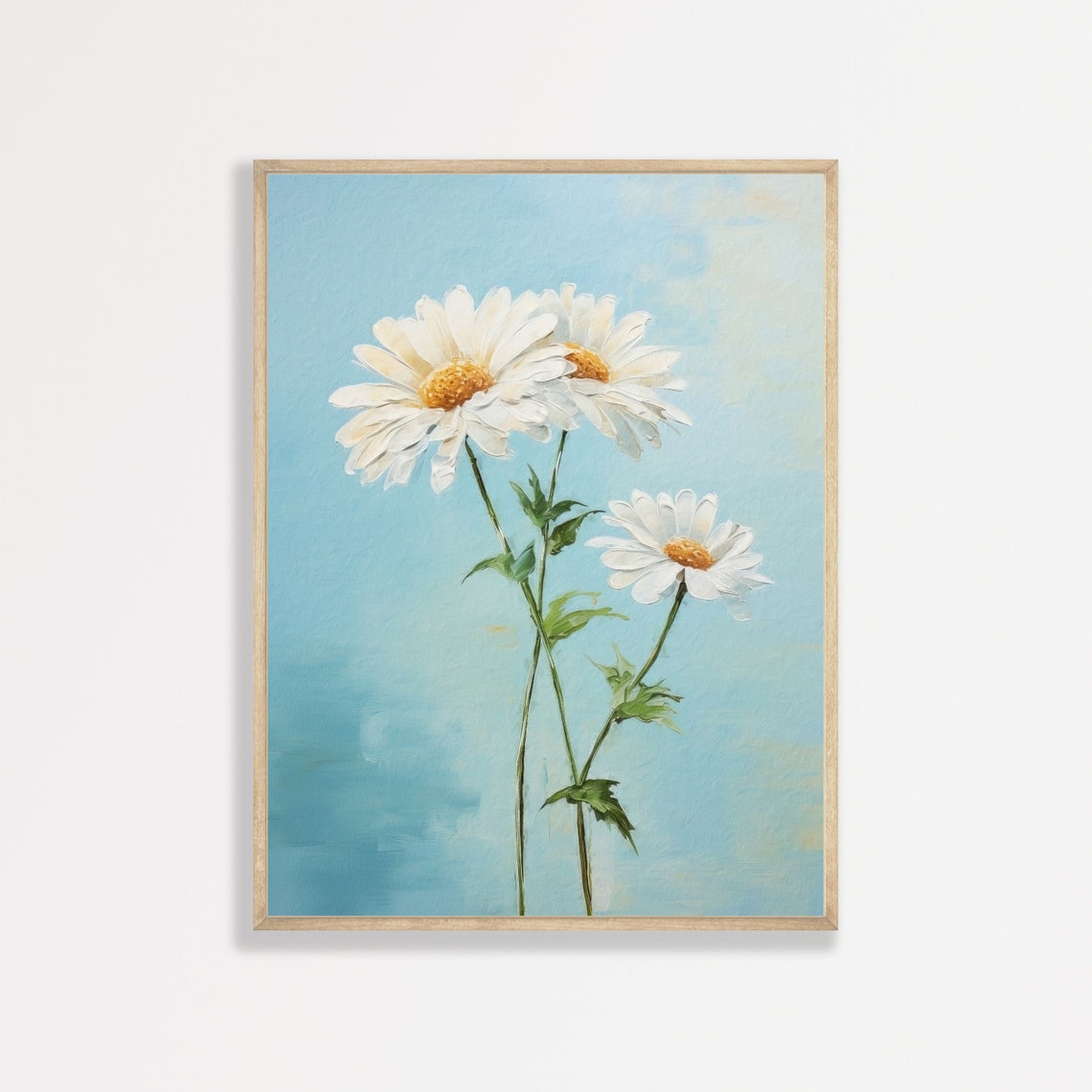 White Daisy Blooms Pale Blue Background Vintage Floral Print