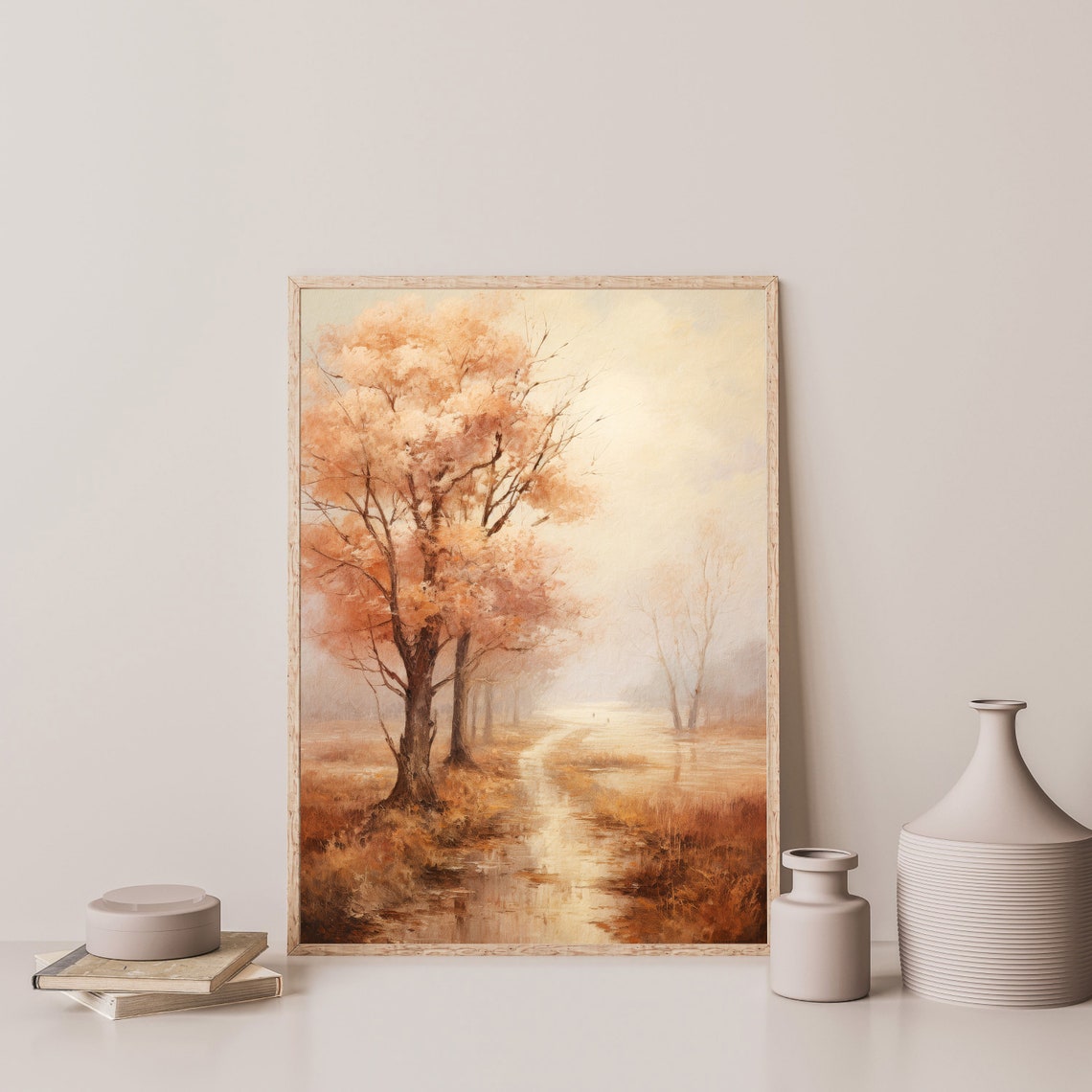 Autumn Path Peach Trees Misty Golden Meadow Rustic Landscape Poster - Image 3