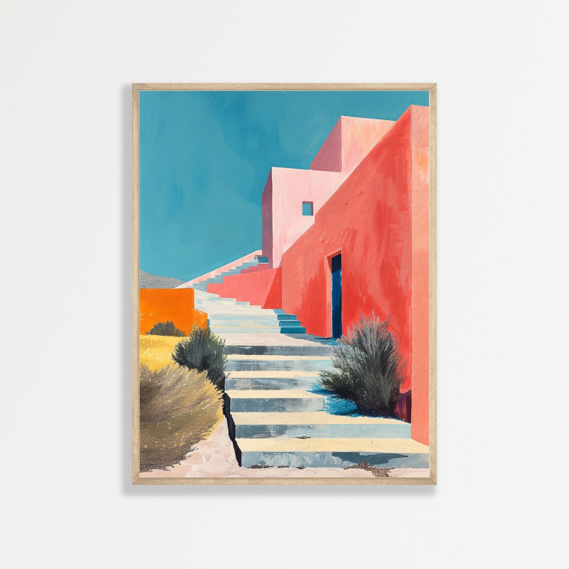 Coral Stairway Red Adobe Walls Turquoise Sky Bold Modern Art Poster