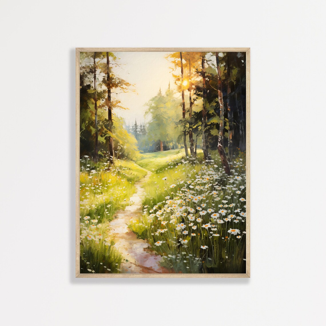 Sunlit Forest Path with White Daisies Summer Woodland Wall Art Print