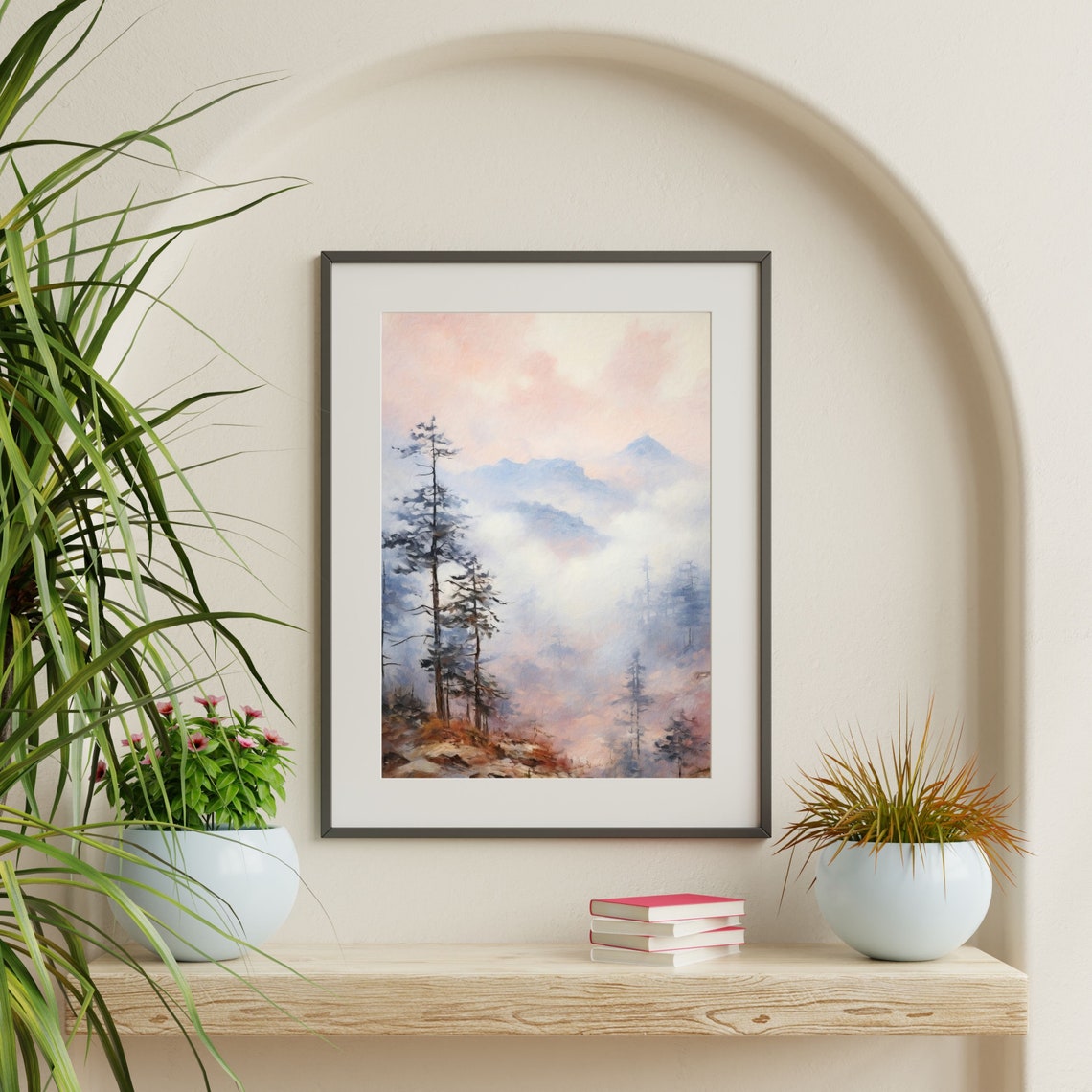 Misty Mountain Pines Pastel Dawn Minimal Forest Landscape Poster - Image 2